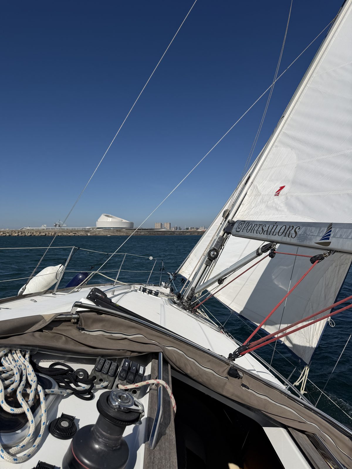 Room to spread out along the deck of the Port Sailors sailboat on the Douro off Porto